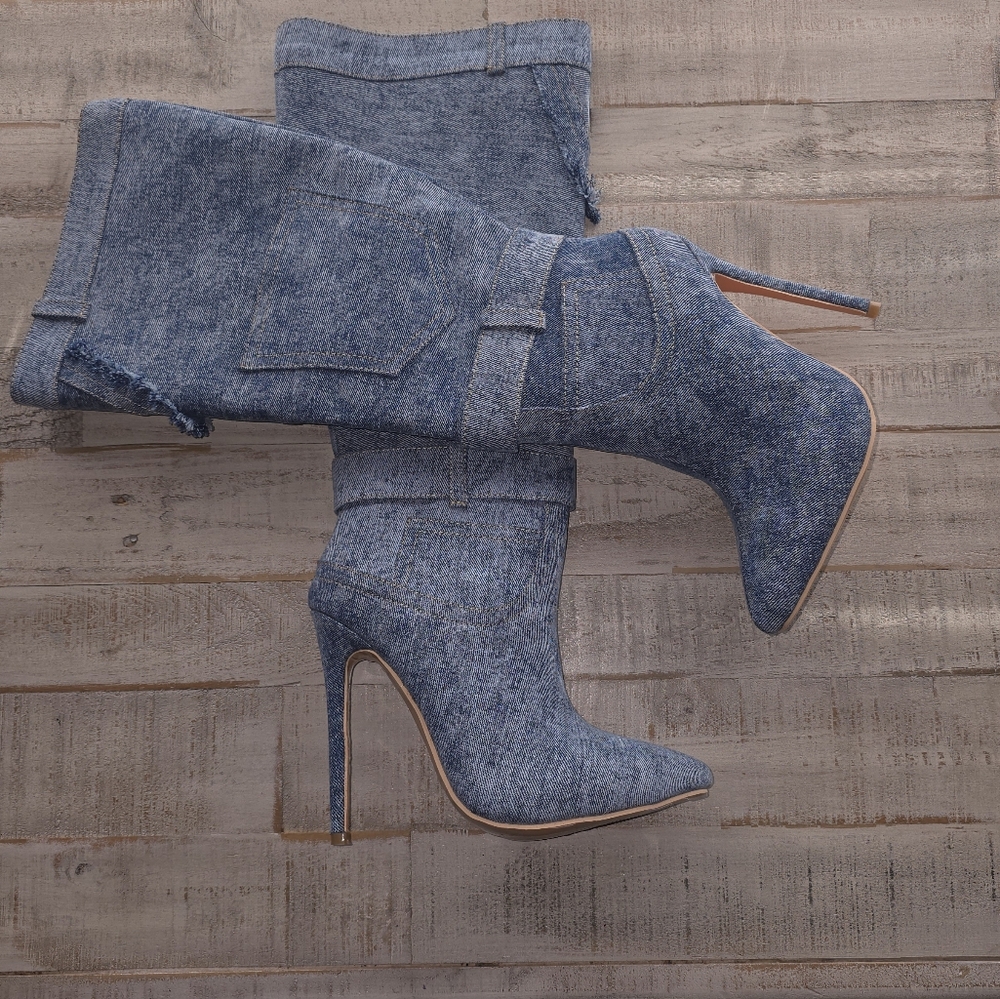 Denim colored tall heel boot